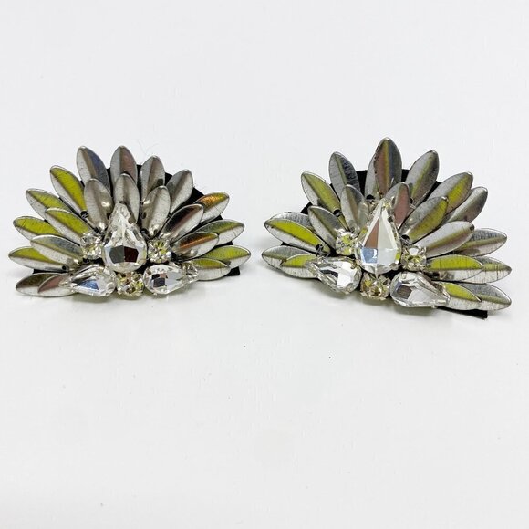 Silver Beaded Crystal Geometric Semicircle Fan Statement Earrings - Picture 3 of 7